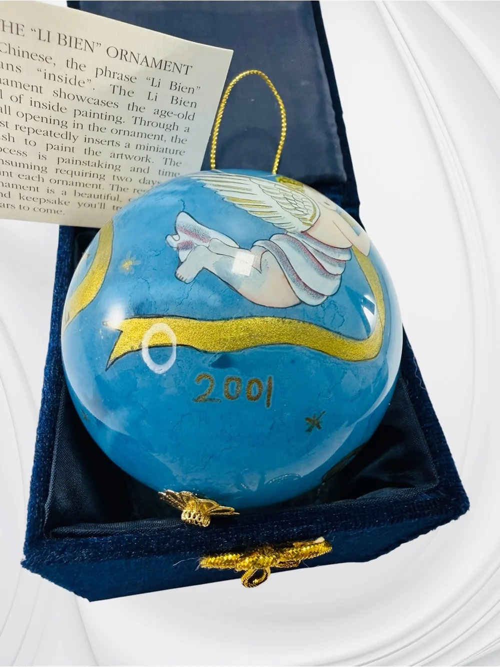 Pier 1 Imports Li Bien Christmas Ornament 2001 Angel Cupid Joyeux Noel Blue Gold